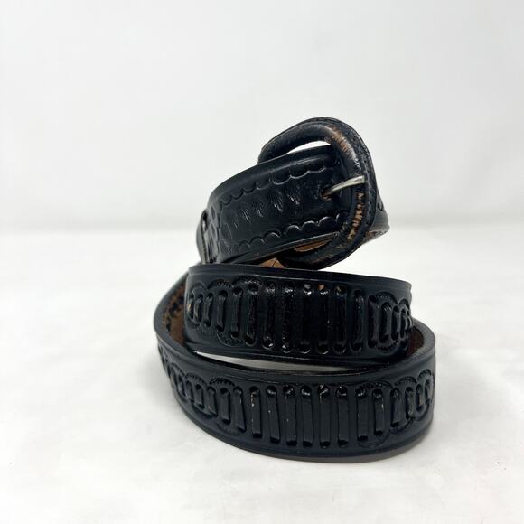 [Vintage] Black Distressed Tooled Leather Belt Size 34" - Picture 3 of 5